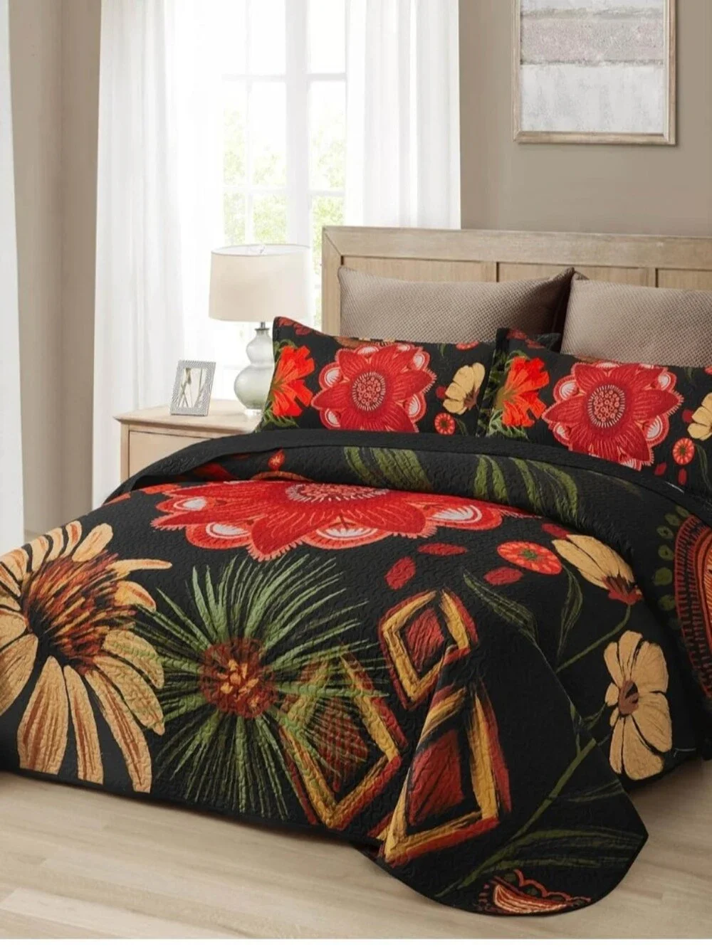 Floral Quilt King  Boho Tan Black and Red